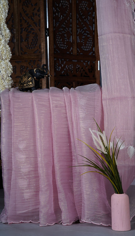 crush tissue saree with applique and kardhana work scallop border - Pink