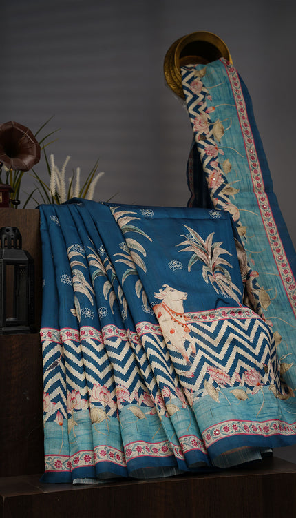 Tusser Silk Allover Mirror Work With Ari - Teal