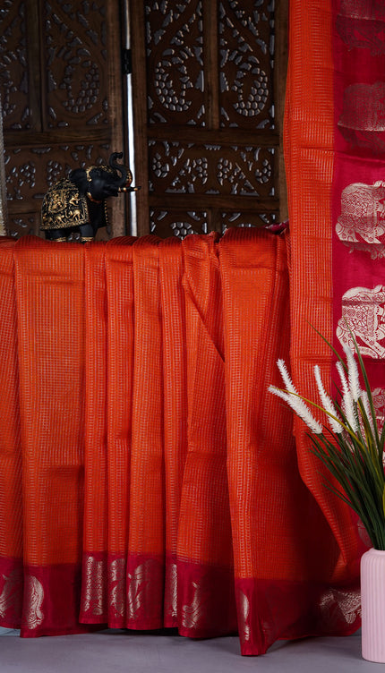 Green silk saree with all over golden zari  check weaving and contrast elephant border - Orange