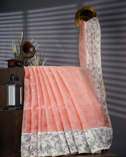 Silk Kota Saree With Gold Butties And Contrast Border With Thread Work - Peach