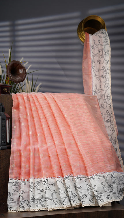 Silk Kota Saree With Gold Butties And Contrast Border With Thread Work - Peach