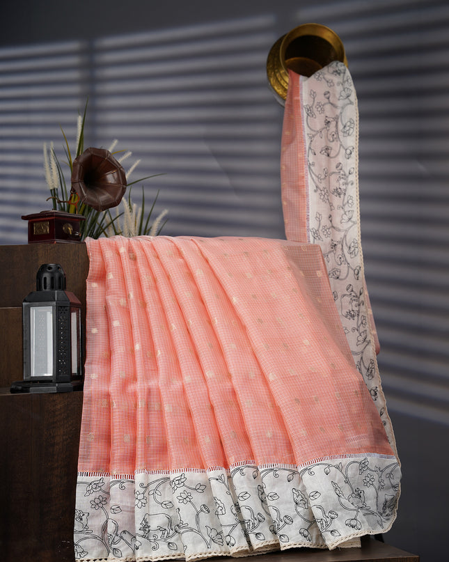 Silk Kota Saree With Gold Butties And Contrast Border With Thread Work - Peach