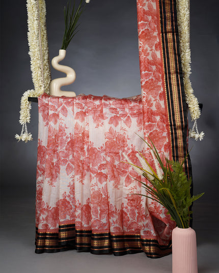 Managalagiri Silk Saree with Floral Print and Contrast Border- Peach
