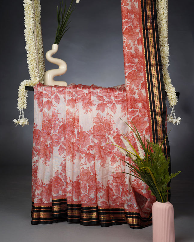 Managalagiri Silk Saree with Floral Print and Contrast Border- Peach