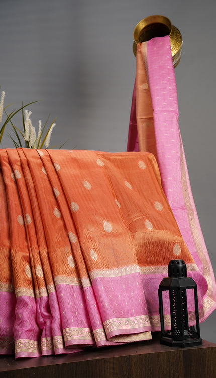 Tissue Banaras Golden Buttis With Contrast Border - Orange