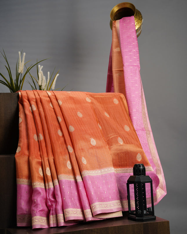 Tissue Banaras Golden Buttis With Contrast Border - Orange