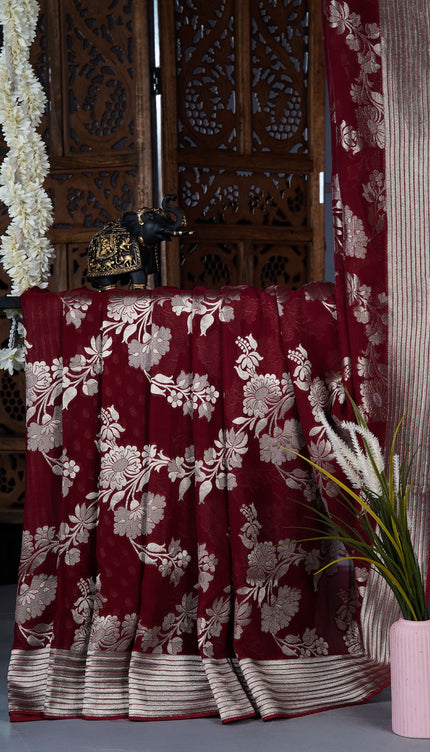 kaddi georgette saree with Allover weaving and golden zari border - Cherry Red