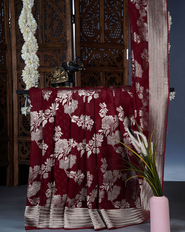 kaddi georgette saree with Allover weaving and golden zari border - Cherry Red