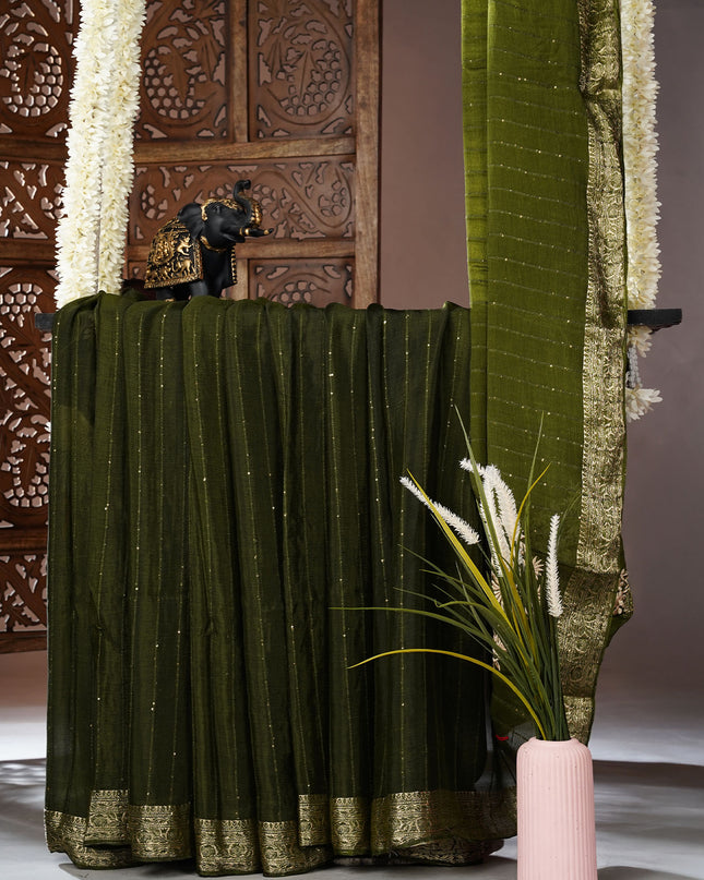Chiffon saree with Parsi Gara work and kanchi border - M Green
