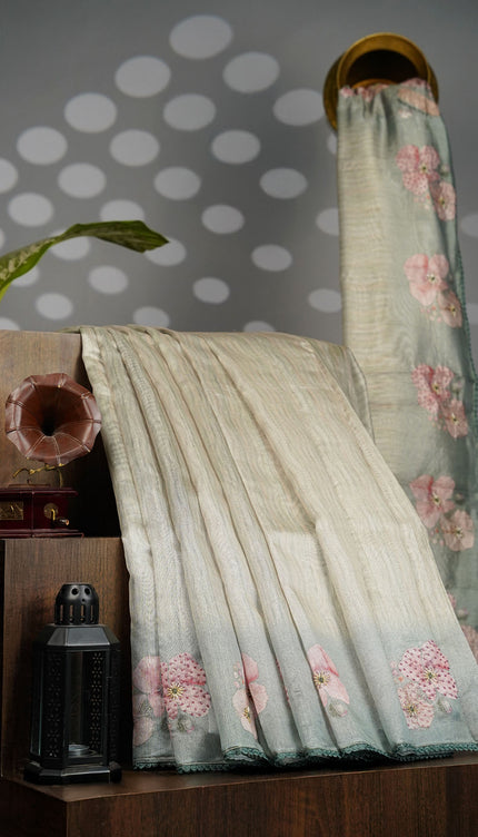 Tissue Lenin Saree with Floral Print and Kardhana Work and Lace Border- Pista Green