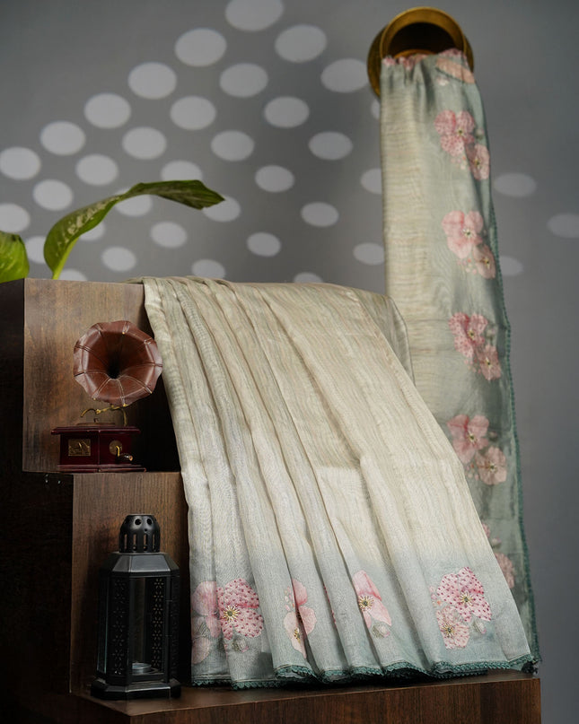 Tissue Lenin Saree with Floral Print and Kardhana Work and Lace Border- Pista Green