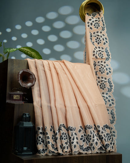 Kota Silk Saree With Floral Print & Ari Work Scallop Border - Beige