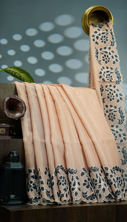 Kota Silk Saree With Floral Print & Ari Work Scallop Border - Beige