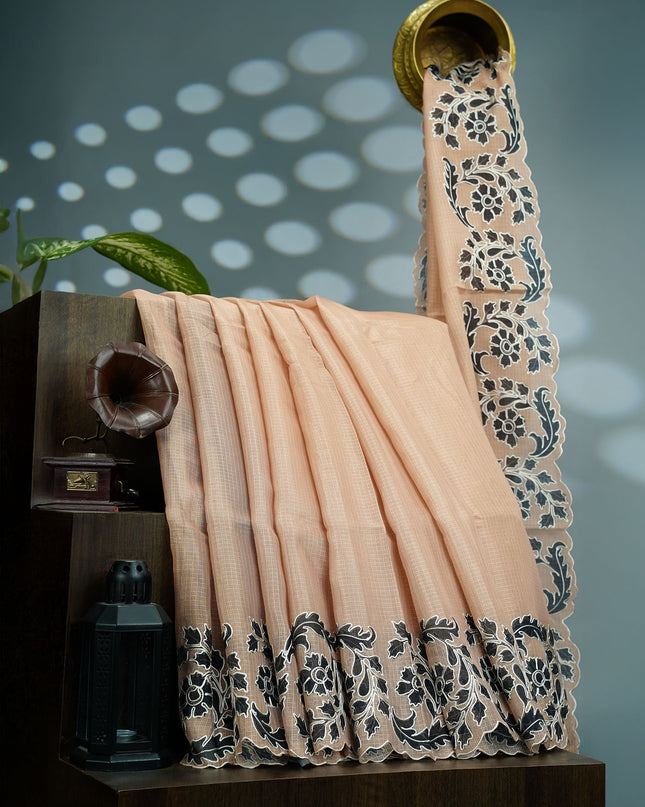 Kota Silk Saree With Floral Print & Ari Work Scallop Border - Beige