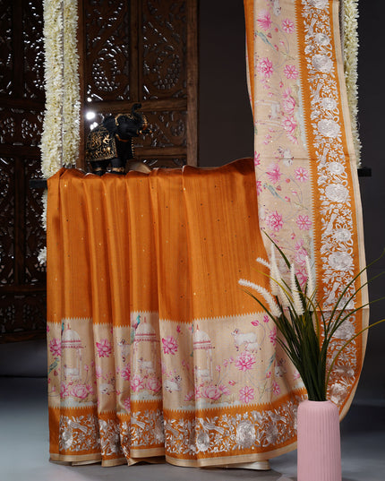 Tusser Silk saree with Parce Work Border - Mustered
