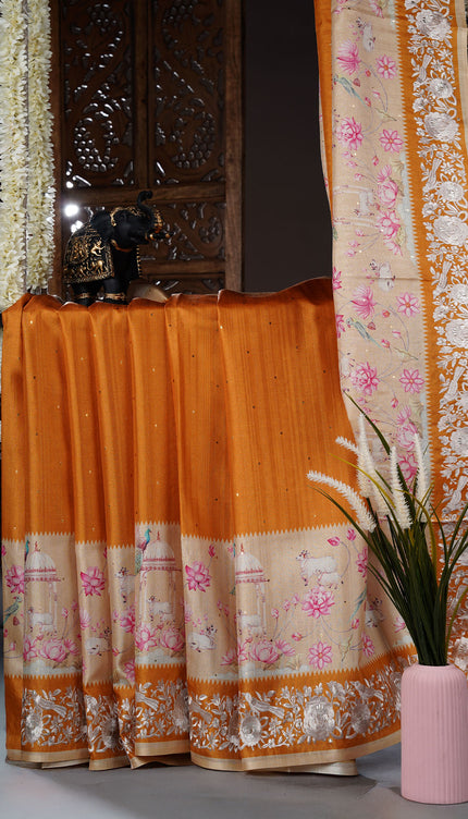 Tusser Silk saree with Parce Work Border - Mustered