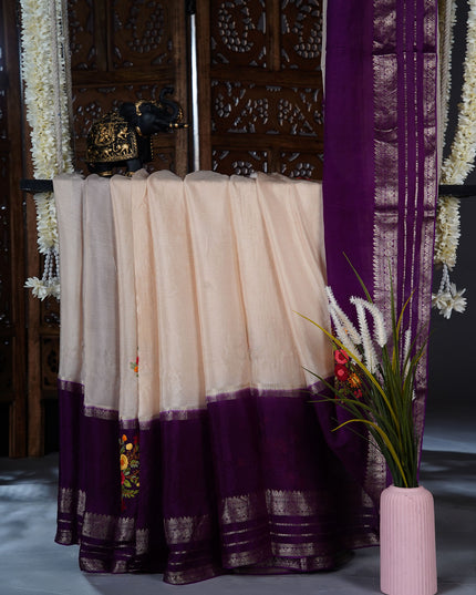 Chinnon Crape Saree French Knot Work Design and Golden Zari Gap Border Border - Cream