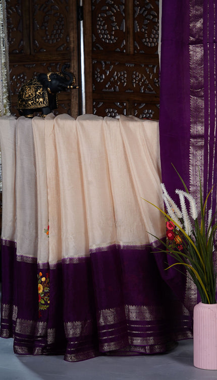 Chinnon Crape Saree French Knot Work Design and Golden Zari Gap Border Border - Cream