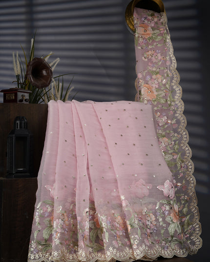 Soft Tissue Organza Silk With Thread Embroidery Scallop Border With Sequence Butties - Pink