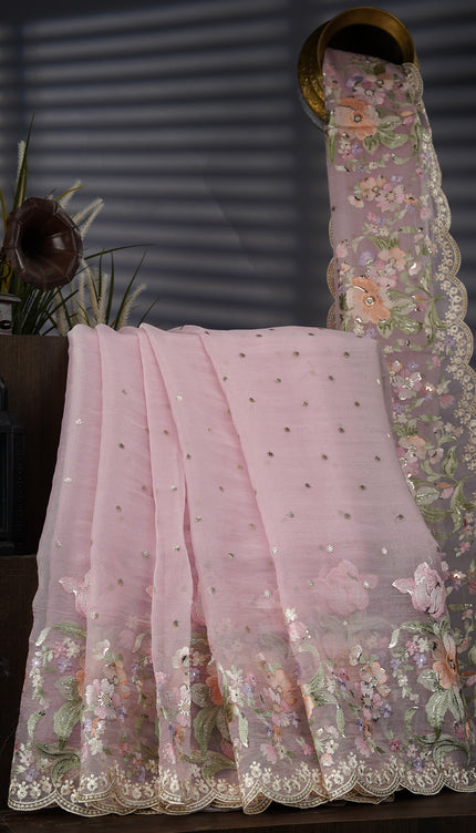 Soft Tissue Organza Silk With Thread Embroidery Scallop Border With Sequence Butties - Pink