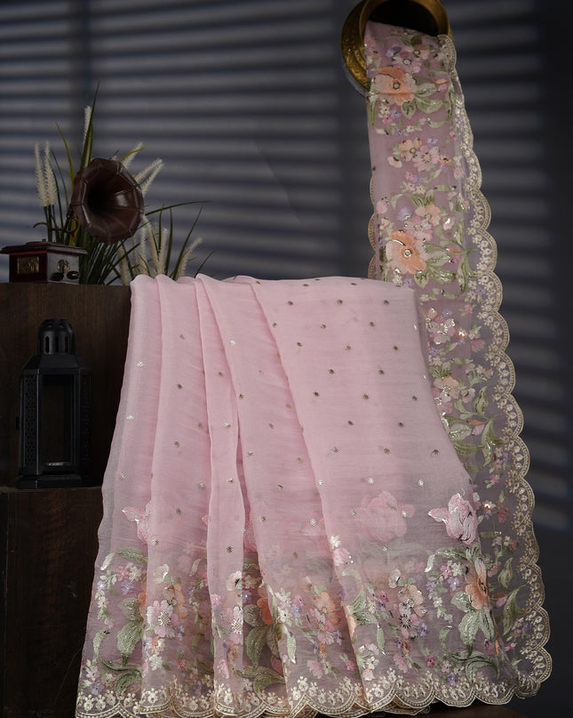 Soft Tissue Organza Silk With Thread Embroidery Scallop Border With Sequence Butties - Pink