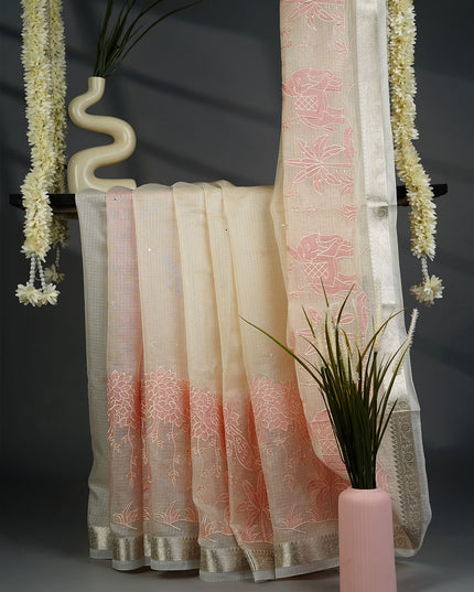 Silk Kota Saree with Mirror Work Applique Work with Silver Border- Pink