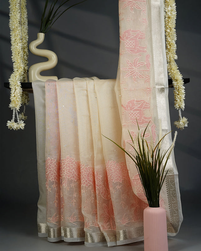 Silk Kota Saree with Mirror Work Applique Work with Silver Border- Pink