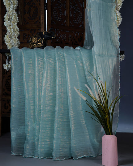 Crush tissue saree with applique and kardhana work scallop border - Sky Blue