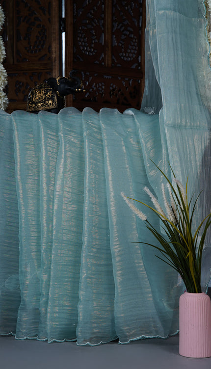 Crush tissue saree with applique and kardhana work scallop border - Sky Blue