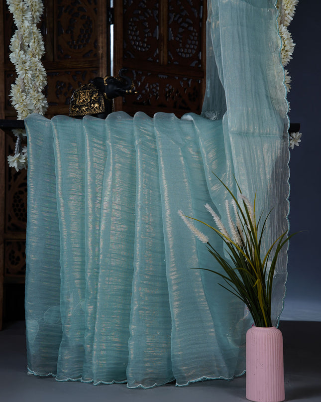 Crush tissue saree with applique and kardhana work scallop border - Sky Blue