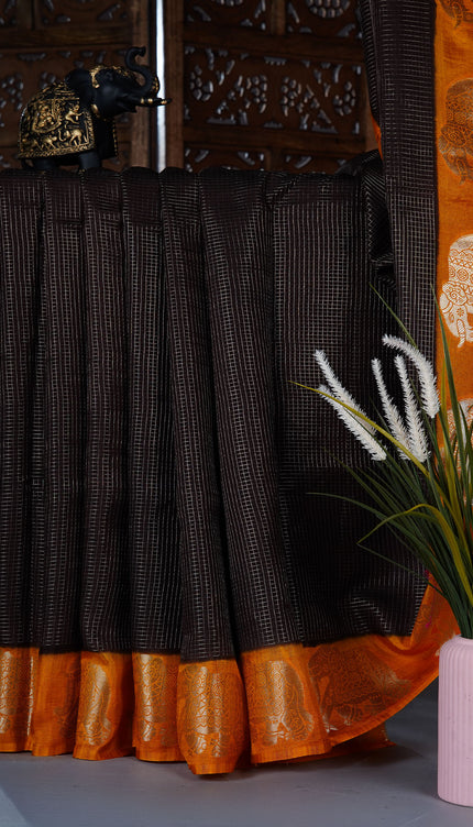 Green silk saree with all over golden zari  check weaving and contrast elephant border - Brown