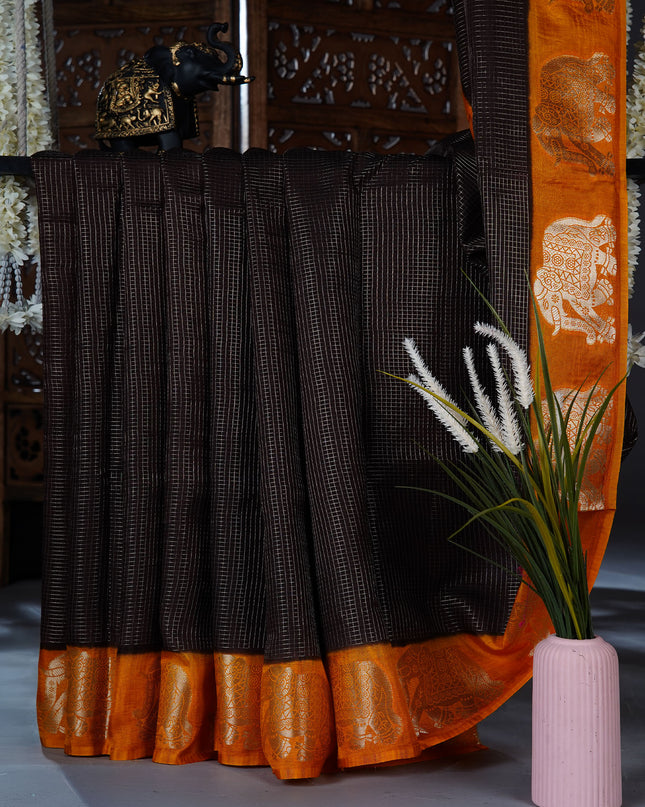 Green silk saree with all over golden zari  check weaving and contrast elephant border - Brown