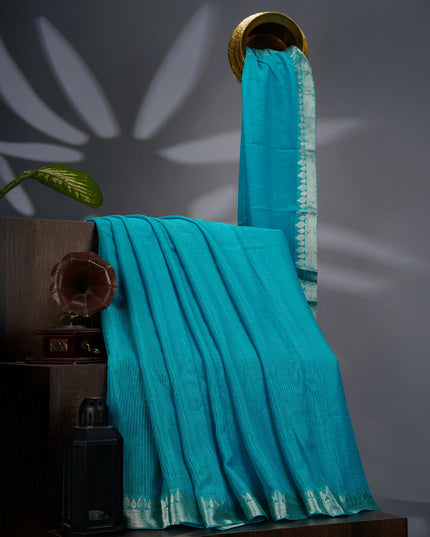 Korean Crepe Saree with Golden Zari Border- Tiffany Blue