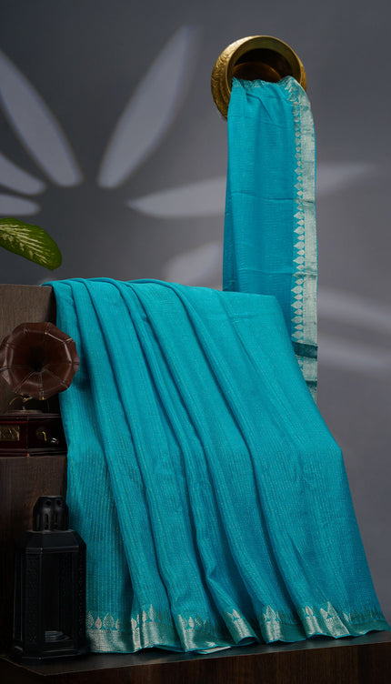 Korean Crepe Saree with Golden Zari Border- Tiffany Blue