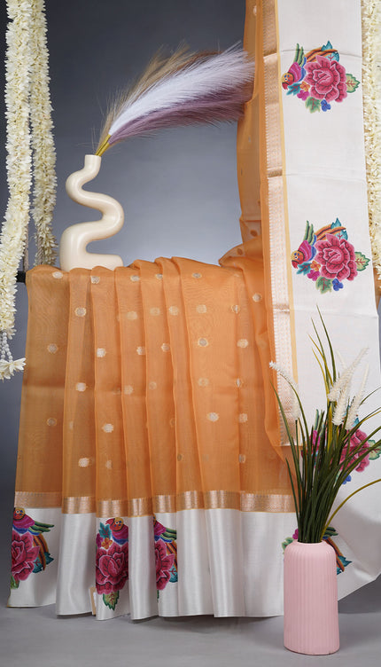 Kora Organza With Golden Butties & Scallop Boarder - Mustard