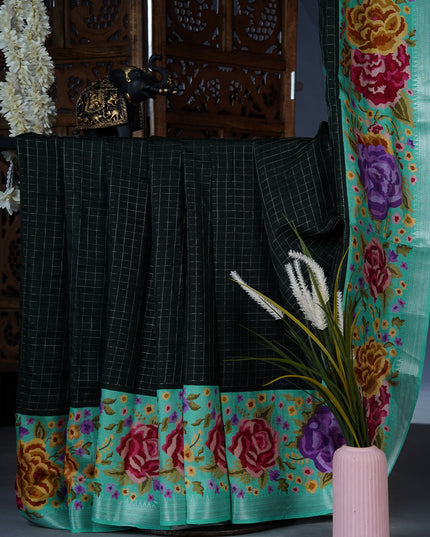 Dola silk sarees with checks and floral print border - Bottle Green