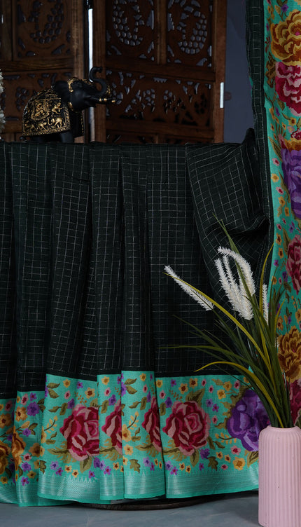 Dola silk sarees with checks and floral print border - Bottle Green