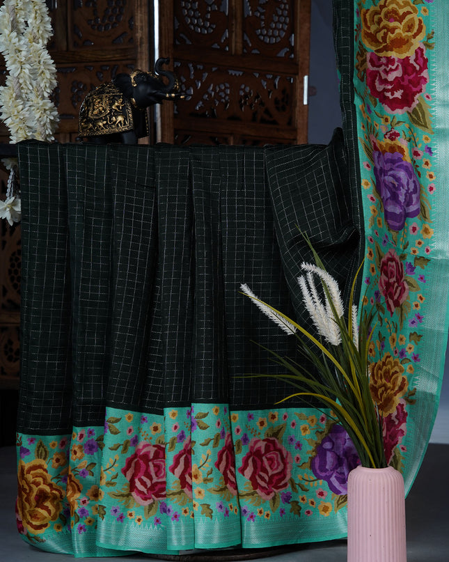Dola silk sarees with checks and floral print border - Bottle Green