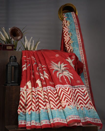 Tusser Silk Allover Mirror With Ari Work - Maroon