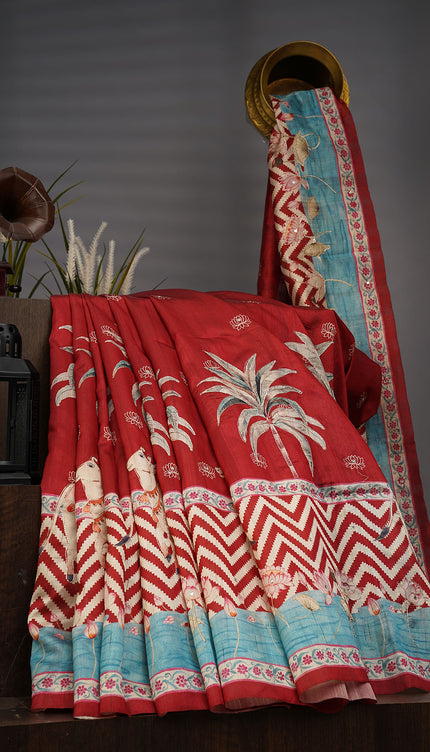 Tusser Silk Allover Mirror With Ari Work - Maroon