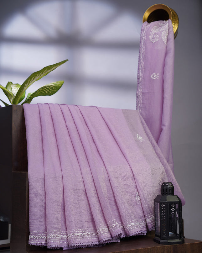 Crush Organza With Kantha Work & Lace Border - Lavender