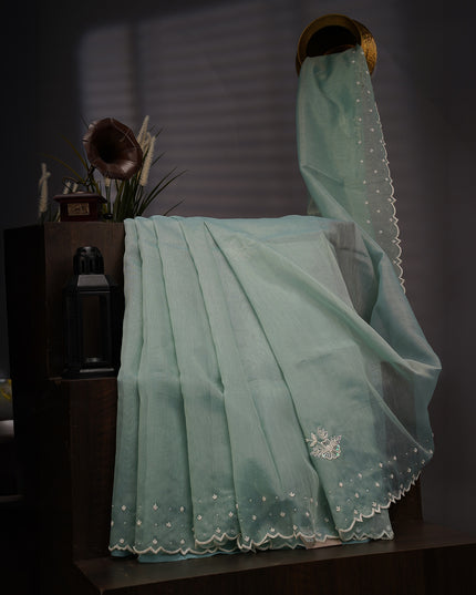Jute Linen Tissue Pearl Work Buttis With Border - Mint Blue