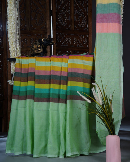 mulcotton saree with multicolored check pattern - Pista Green