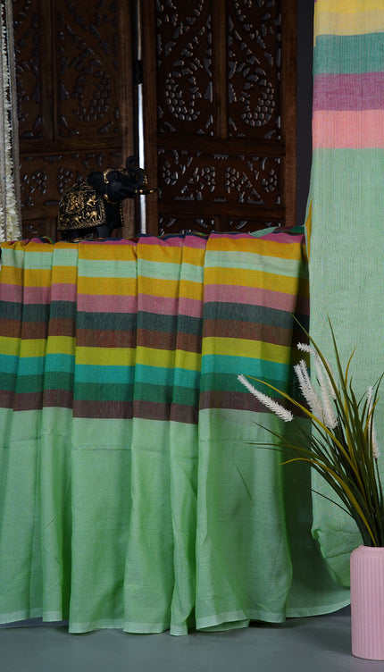 mulcotton saree with multicolored check pattern - Pista Green