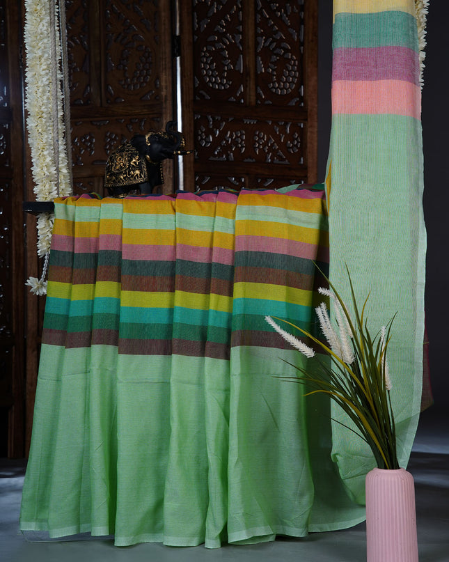 mulcotton saree with multicolored check pattern - Pista Green