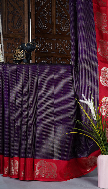 Green  silk saree with all over golden zari  check weaving and contrast elephant border - Violet& Red
