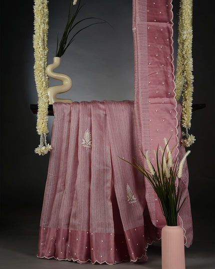 Jute Tusser Silk Saree with Satin Border and Pearl Work Butties- Lavender