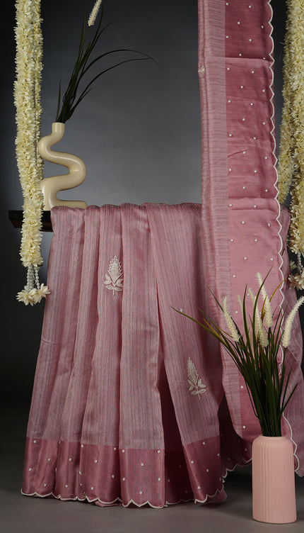 Jute Tusser Silk Saree with Satin Border and Pearl Work Butties- Lavender