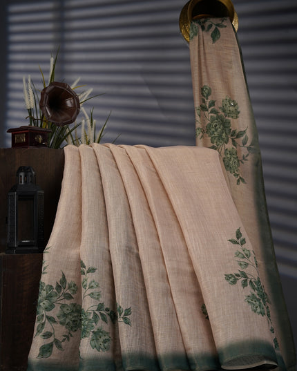 Tissue Linen Saree With Floral Print & Knot Work - Beige & Green