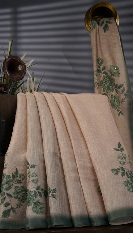 Tissue Linen Saree With Floral Print & Knot Work - Beige & Green